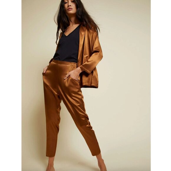 Nation LTD Satin Madrid Pants Copper Chocolate Brown Barrel Leg Pull-On Small - Picture 1 of 14